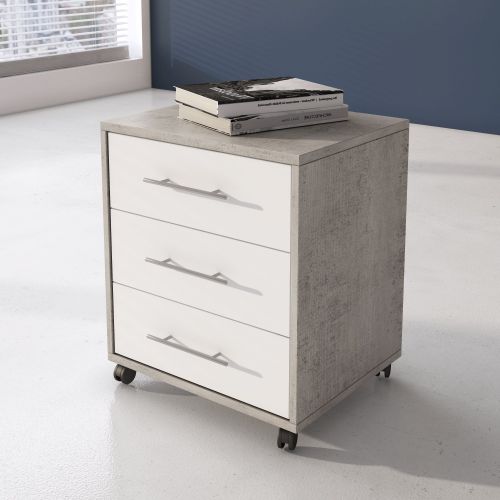 Cassettiera Grigio Cemento Bianco 3 Cassetti Apertura Scorrevole 43x40x57h cm, Chiusura Scorrevole - Pisano