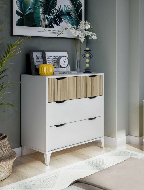 Cassettiera Gromore, Settimino multiuso, Comò camera da letto, Mobile con cassetti, 71x40 h76 cm, Bianco e Rovere