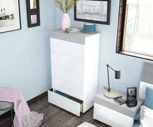 Cassettiera Irving, Settimanale a 5 cassetti, Mobile Comò per camera da letto, Comò moderno, 61x40h118 cm, Bianco