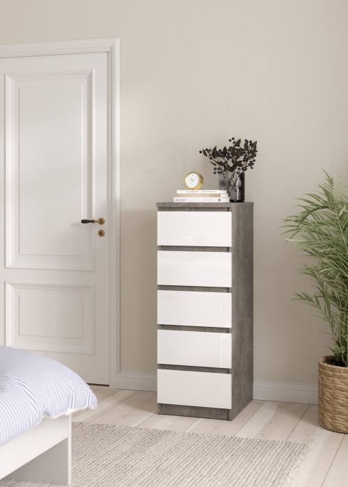 Cassettiera Joelle, Settimino multiuso, Comò camera da letto, Mobile con cassetti, 50x40 h111 cm, Cemento e Bianco