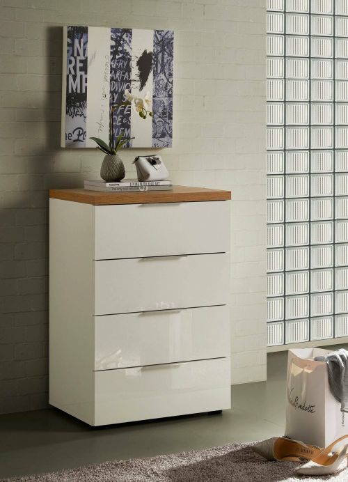 Cassettiera Lusaka, Settimino multiuso, Comò camera da letto, Mobile con cassetti, Made in Italy, 60x43h89 cm, Bianco lucido e Rovere