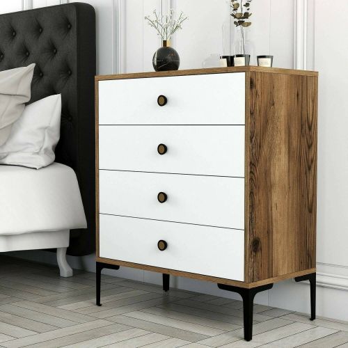 Cassettiera Marrone Noce Bianco 4 Cassetti Apertura Scorrevole 76x40x91h cm, Chiusura Scorrevole - Molly