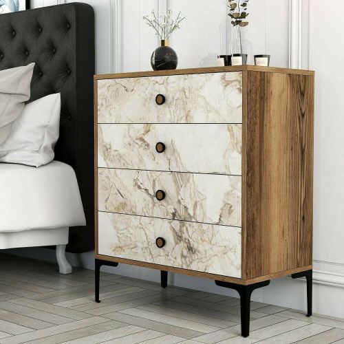 Cassettiera Marrone Noce Bianco Marmo 4 Cassetti Apertura Scorrevole 76x40x91h cm, Chiusura Scorrevole - Molly