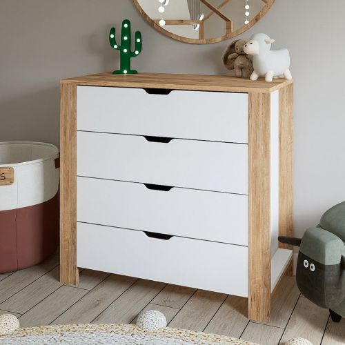 Cassettiera Marrone Rovere Bianco 4 Cassetti Apertura Scorrevole 90x42x85h cm, Chiusura Scorrevole - Pastena