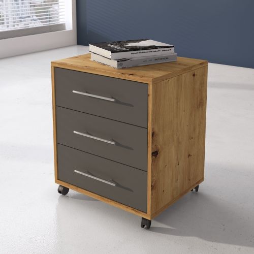 Cassettiera Marrone Rovere Nero Antracite 3 Cassetti Apertura Scorrevole 43x40x57h cm, Chiusura Scorrevole - Pisano