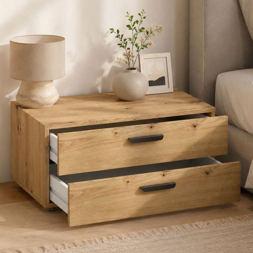 Cassettiera Marrone Rovere Nodi 2 Cassetti Apertura Scorrevole 74x52x35h cm, Chiusura Scorrevole - Piatto