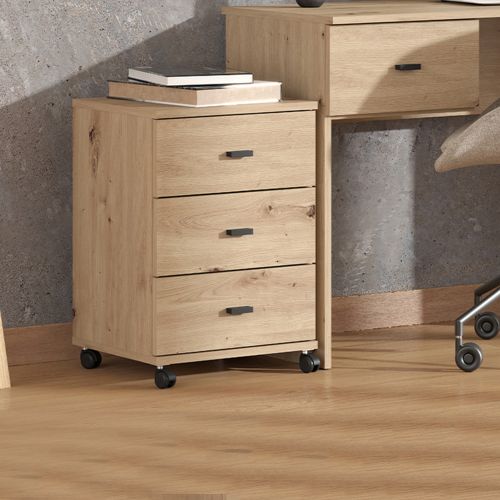 Cassettiera Marrone Rovere Nodi 3 Cassetti con Ruote 39x35x56h cm, Apertura Scorrevole - Kaza