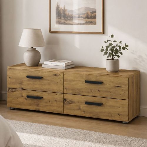 Cassettiera Marrone Rovere Nodi 4 Cassetti Apertura Scorrevole 111x52x35h cm, Chiusura Scorrevole - Gignod