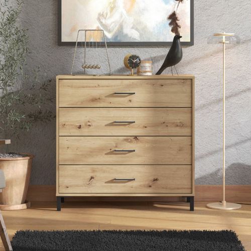 Cassettiera Marrone Rovere Nodi Nero 4 Cassetti Apertura Scorrevole 93x40x90h cm, Chiusura Scorrevole - Vidor