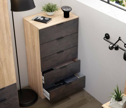 Cassettiera Mesquite, Settimanale a 5 cassetti, Mobile Comò per camera da letto, Settimanale moderno, 60x40h110 cm, Rovere e Antracite