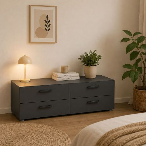 Cassettiera Nero Antracite 4 Cassetti Apertura Scorrevole 111x52x35h cm, Chiusura Scorrevole - Gignod