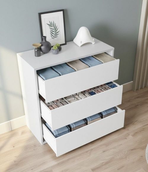 Cassettiera Newport, Settimanale a 3 cassetti, Mobile Comò basso per interno armadio, Settimanale moderno, 60x44h57 cm, Bianco