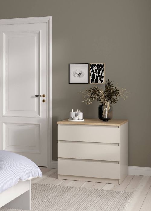 Cassettiera Orani, settimino multiuso con 3 cassetti, comò elegante per camera da letto, 77x50 h70 cm, Beige