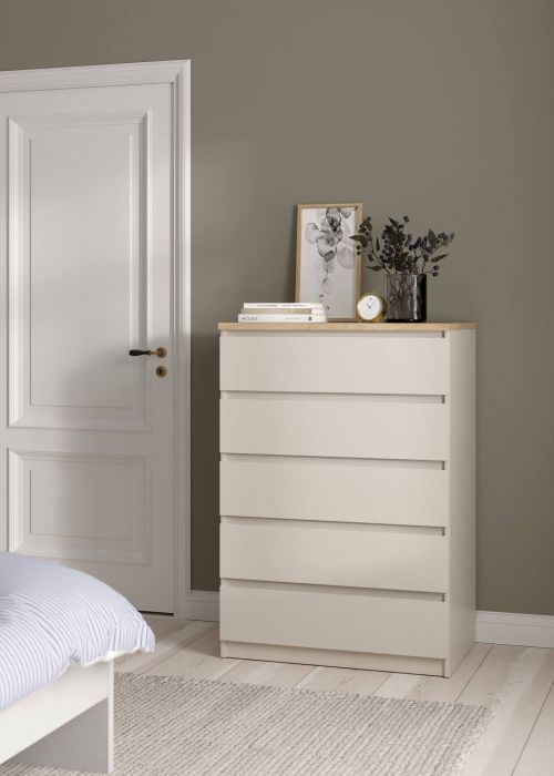 Cassettiera Piccilli, settimino multiuso con 5 cassetti, comò elegante per camera da letto, 77x50 h111 cm, Beige