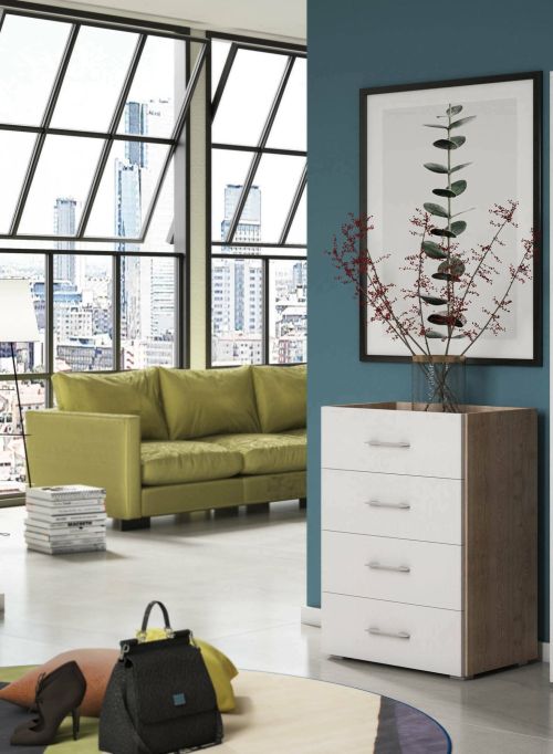 Cassettiera Primula, Settimanale a 4 cassetti per camera da letto, Mobiletto multiuso da ufficio o studio, 60x41h87 cm, Rovere e Bianco