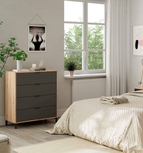 Cassettiera Rochester, Settimanale a 4 cassetti, Mobile Comò per camera da letto, Comò moderno, 76x40h94 cm, Rovere nodi e Antracite