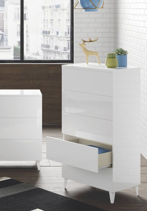 Cassettiera Roseville, Settimanale a 5 cassetti, Mobile Comò per camera da letto, Settimanale moderno, 61x40h117 cm, Bianco