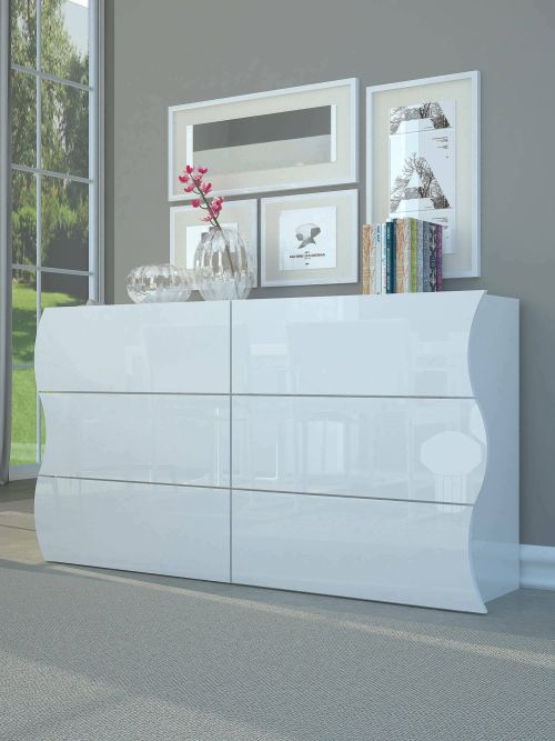 Cassettiera Tyler, Settimanale 6 cassetti, Comò per camera da letto, 100% Made in Italy, Bianco lucido, cm 155x40h82