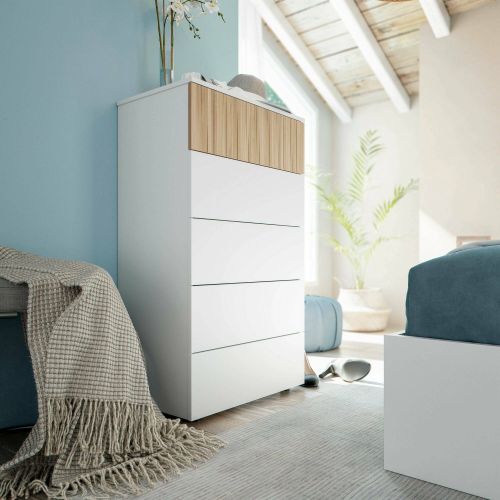 Cassettiera Wynne, Settimanale a 5 cassetti, Mobile Comò per camera da letto, Comò moderno, 61x40h109 cm, Bianco e Rovere