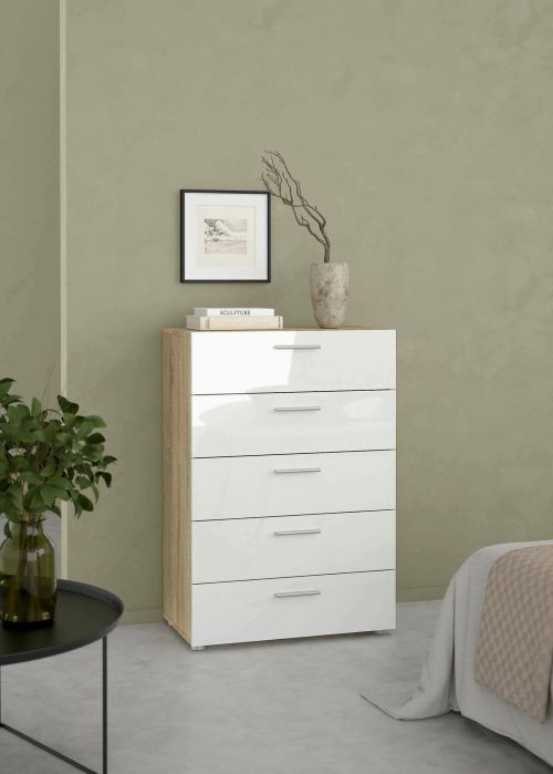 Cassettiera Yolande, Settimino multiuso, Comò camera da letto, Mobile con cassetti, 70x40 h102 cm, Quercia e Bianco