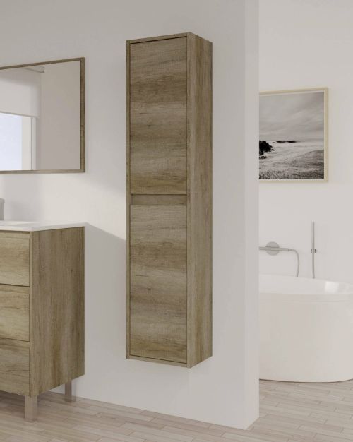 Colonna bagno Salinas, Mobile a colonna per bagno a 2 ante, Armadio pensile sospeso, Mobiletto multiuso moderno, 30x26h140 cm, Quercia