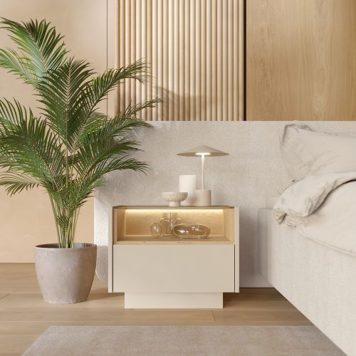 Comodino Beige Marrone Rovere un Cassetto 2 Ripiani 53x40x43h cm, Apertura Push-pull - Veirra