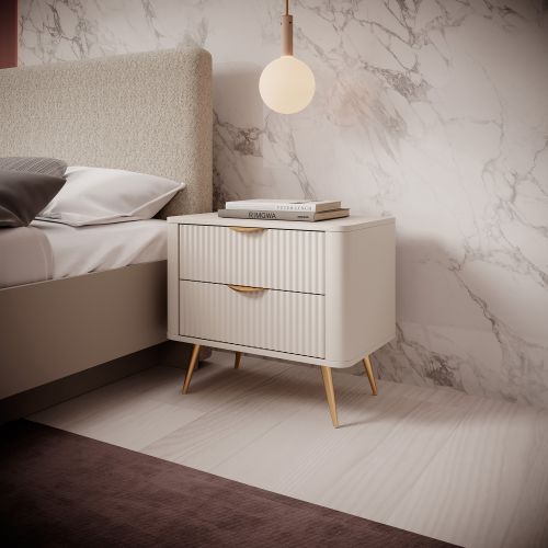Comodino Beige oro 2 Cassetti un Ripiano 63x38x55h cm, Apertura Scorrevole - Baari