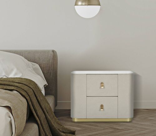 Comodino Berra, Comò basso, Tavolino da notte, Mensola da letto, 60x40 h47 cm, Crema e Oro