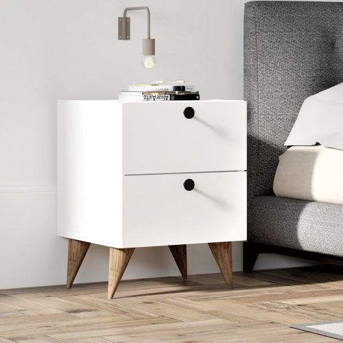 Comodino Bianco 2 Cassetti Apertura Scorrevole 40x42x55h cm, Chiusura Scorreveol - Cerveno
