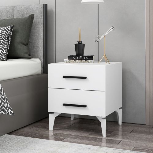 Comodino Bianco 2 Cassetti Apertura Scorrevole 50x47x56h cm, Chiusura Scorrevole - Lernan