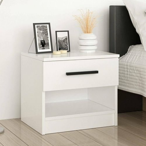 Comodino Bianco 2 Ripiani un Cassetto 50x40x47h cm, Apertura Scorrevole - Igme