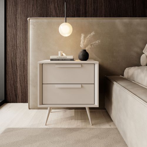 Comodino Bianco Cashmere 2 Cassetti un Ripiano 52x40x57h cm, Apertura Scorrevole - Garo