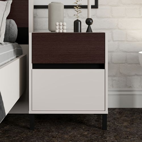 Comodino Bianco Crema Marrone Noce 2 Cassetti un Ripiano 48x40x60h cm, Apertura Scorrevole - Gili