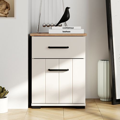 Comodino Bianco Crema Marrone Rovere un Cassetto un Ripiano 41x40x54h cm, Apertura Battente, Scorrevole - Punak