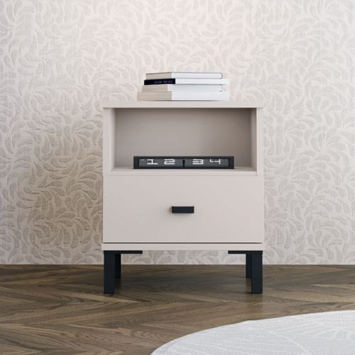 Comodino Bianco Crema un Cassetto 2 Ripiani 39x35x45h cm, Apertura Scorrevole - Ghadam