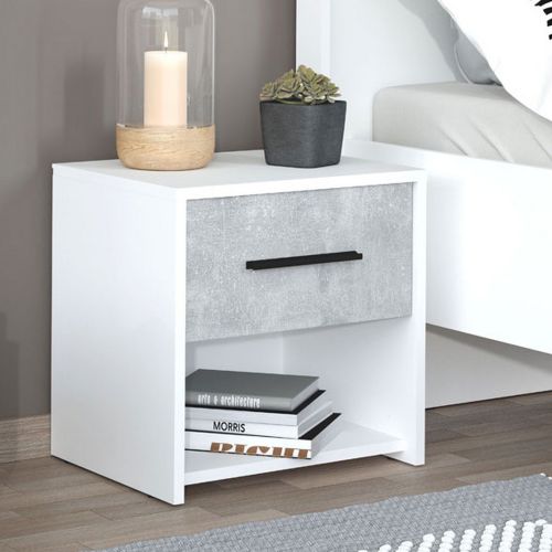 Comodino Bianco Grigio Cemento un Cassetto un Ripiano 42x33x42h cm, Apertura Scorrevole - Secli
