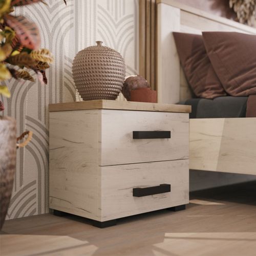 Comodino Bianco Larice Marrone Rovere Scuro 2 Cassetti un Ripiano 44.5x33.5x43h cm, Apertura Scorrevole - Roncello