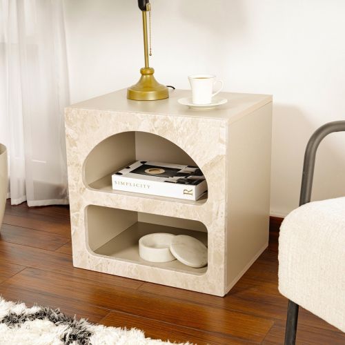 Comodino Bianco Marmo 3 Ripiani Sfumatura Colore Struttura Marmo 50x40x50h cm, Colore Ripiano Bianco - Nara