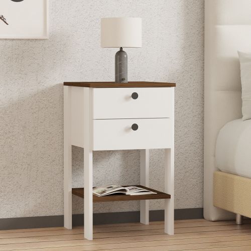 Comodino Bianco Marrone Noce 2 Cassetti un Ripiano 44x44x75h cm, Apertura Scorrevole - Torgnon