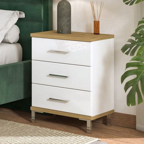 Comodino Bianco Marrone Rovere 3 Cassetti un Ripiano 45x40x69h cm, Apertura Scorrevole - Savino