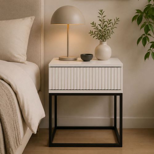 Comodino Bianco Nero un Cassetto Apertura Scorrevole 40x39x52h cm, Chiusura Scorrevole - Lelalaha