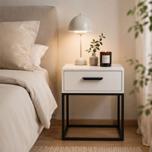 Comodino Bianco Nero un Cassetto Apertura Scorrevole 40x39x52h cm, Chiusura Scorrevole - Lelimapa