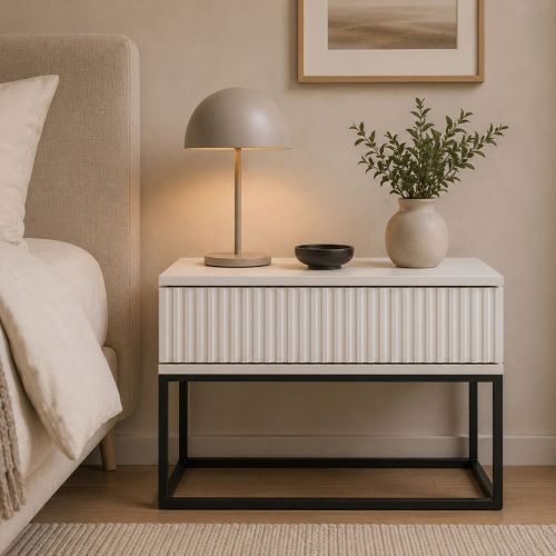 Comodino Bianco Nero un Cassetto Apertura Scorrevole 60x39x52h cm, Chiusura Scorrevole - Leletete