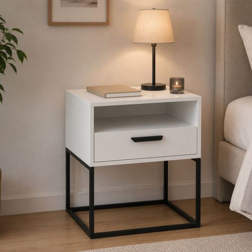 Comodino Bianco Nero un Ripiano un Cassetto 60x39x65h cm, Apertura Scorrevole - Leha