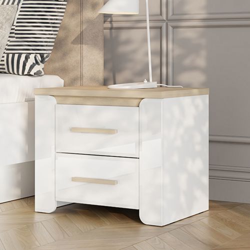 Comodino Bianco Opaco Marrone Rovere 2 Cassetti un Ripiano 58x40x50h cm, Apertura Scorrevole - Yamba