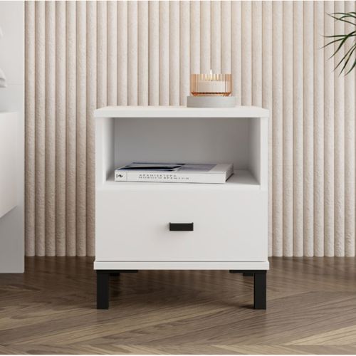 Comodino Bianco Opaco un Cassetto 2 Ripiani 39x35x45h cm, Apertura Scorrevole - Ghadam