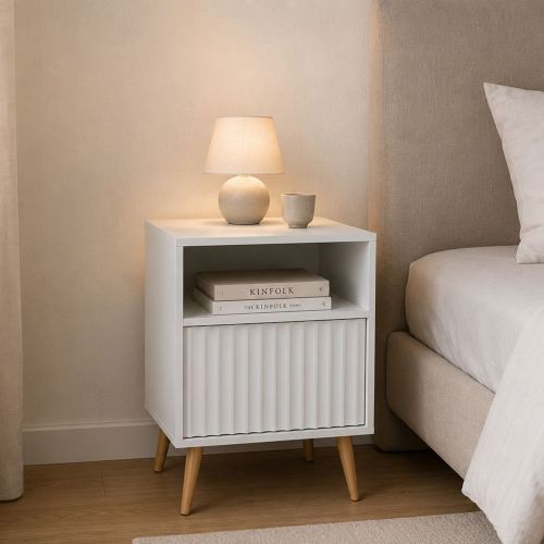 Comodino Bianco oro un Cassetto un Ripiano 47x40x61h cm, Apertura Scorrevole - Ledareno