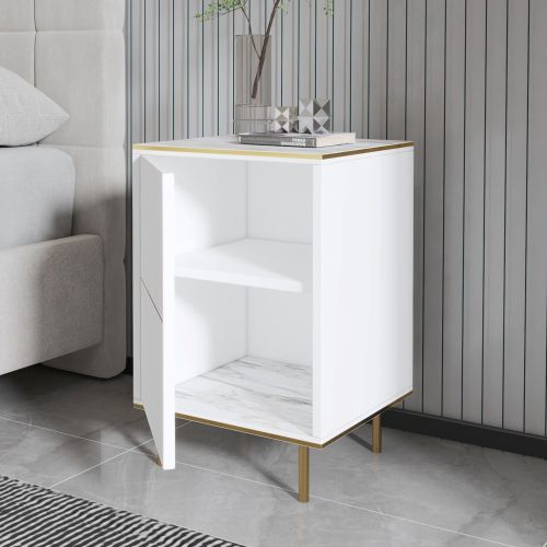 Comodino Bianco oro un Ripiano Apertura Battente 40x35x60h cm, Un'anta - Vestone