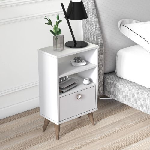 Comodino Bianco un Cassetto un Ripiano 45x74x25h cm, Apertura Scorrevole