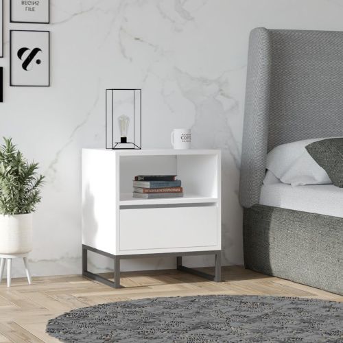 Comodino Bianco un Ripiano un Cassetto 51x51x61h cm, Apertura Scorrevole - Compatri